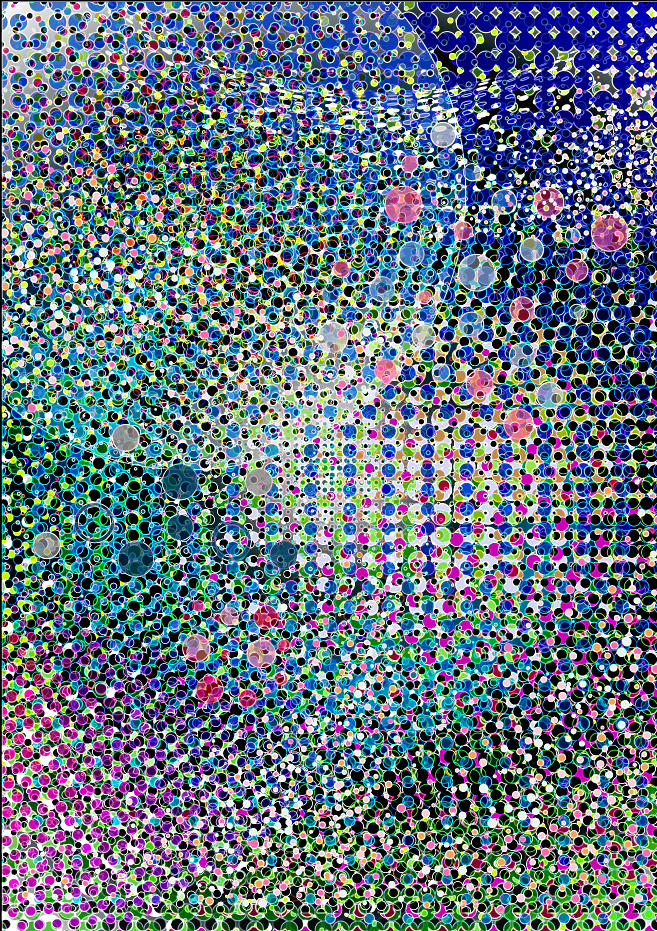 An abstract multicolour pattern made of layers of dots.