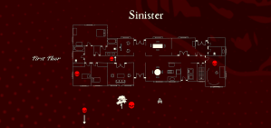 A floorplan of the house from the film Sinister. The background is a deep oxblood colour. The plan of the house is done in white contrasting linework. There are blood red skull icons around the home indicating areas of nefarious activity.